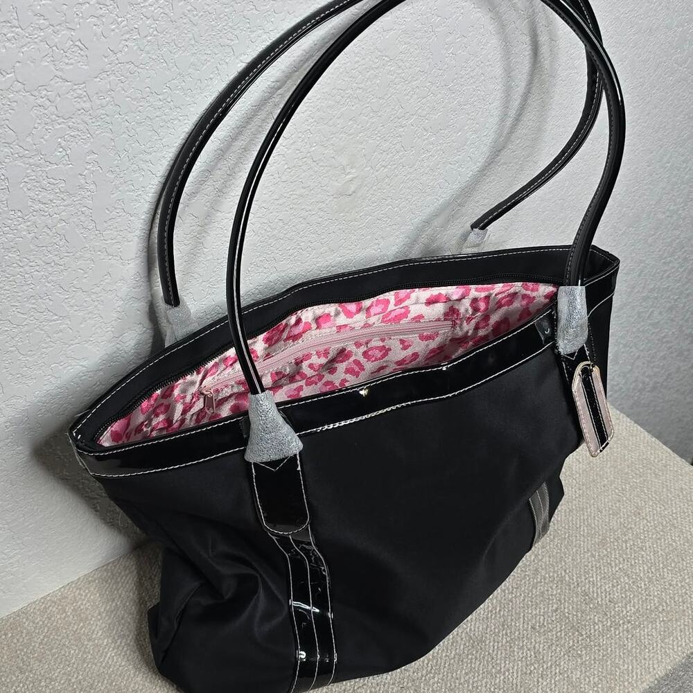 Mary Kay Black Nylon Patent Trim Tote Bag Pink Leopard Lining W/ Cosmetic Case